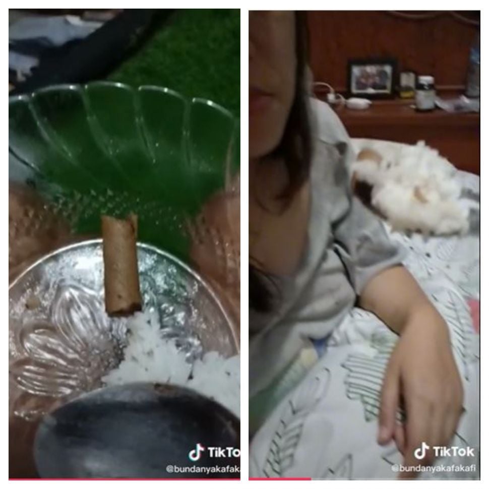 Makan wafer stik cokelat pakai nasi (TikTok @bundanyakafakafi)