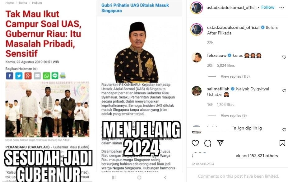 Sindiran UAS ke Gubernur Riau (instagram.com/ustadzabdulsomad_official/)