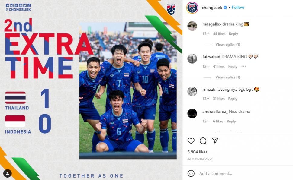 Akun Instagram timnas Thailand diserang netizen Indonesia. (Instagram/changsuek)