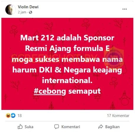 CEK FAKTA: 212 Mart sponsor Formula E? (Turnbackoax)