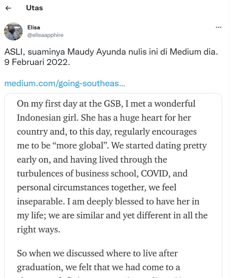 Cuitan berisi tulisan suami Maudy Ayunda yang bikin baper netizen (Twitter/ @elisaapphire).