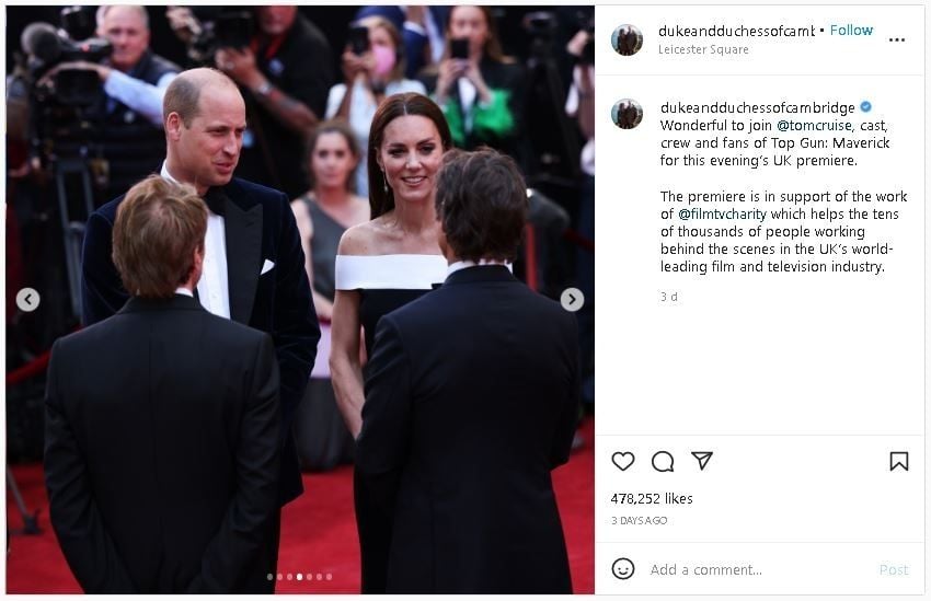 Kate Middleton dalam Premier Film Top Gun: Maverick (instagram.com/dukeandduchessofcambridge)