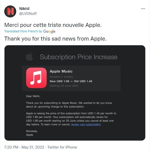Cuitan harga Apple Music naik. [Twitter]