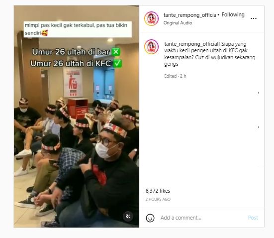 Rayakan Ultah ke-26 Tahun di KFC, Publik Iri Gegara Hal Ini: Mimpi Pas Kecil Nggak Terkabul. (Instagram/@tante_rempong_official)