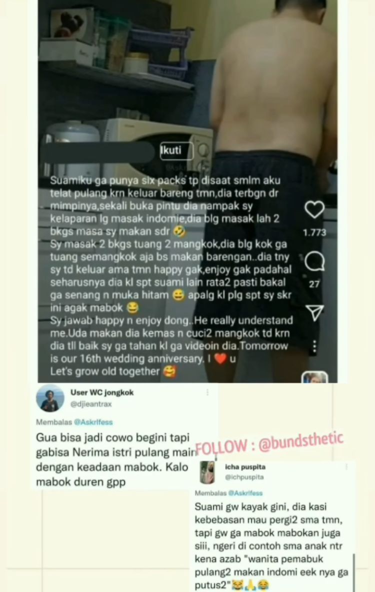 Curhatan istri dapat perlakuan baik dari suaminya meskipun pulang nongkrong dalam keadaan mabuk (Instagram/ @bundsthetic)