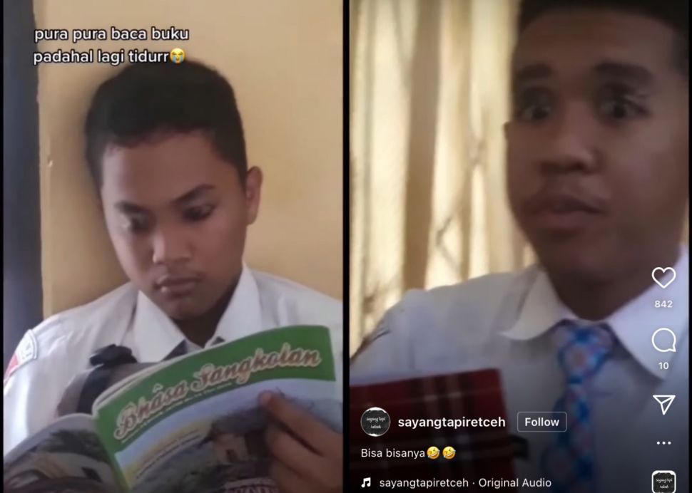 Aksi siswa yang sedang pura-pura baca buku saat tertidur  (Instagram/ @sayangtapiretceh)
