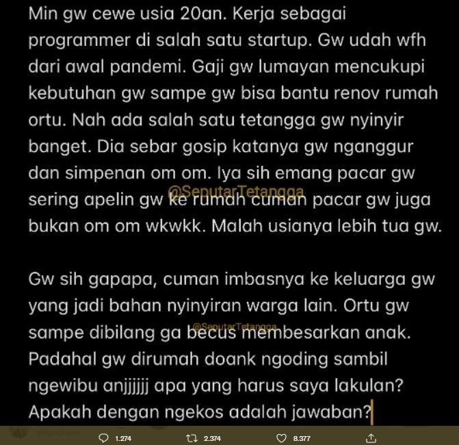 Perempuan curhat soal nyinyiran tetangga (Twitter/seputaetetangga)