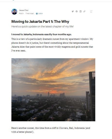 Tulisan Jesse Choi soal kepindahan ke Jakarta (Medium/Jesse Choi)