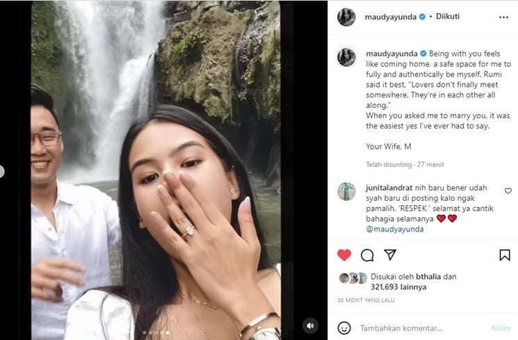 Maudy Ayunda bagikan momen saat dilamar Jesse Choi di air terjun. [Instagram]