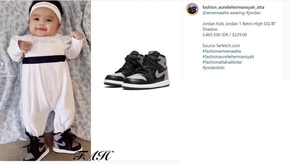 Sepatu yang dikenakan oleh Baby Ameena memiliki harga yang fantatis sampai Rp7 juta (Instagram/fashionaureliehermanysah_atta)