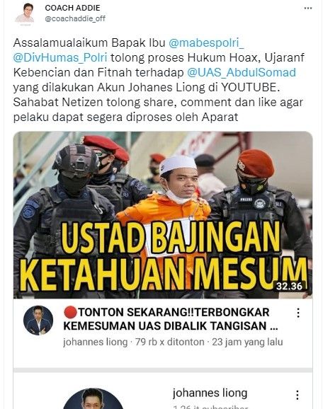 UAS disebut bajingan mesum oleh Youtuber (twitter.com/coachaddie_off)