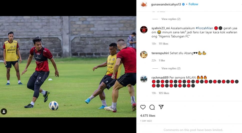 Postingan Gunawan Dwi Cahyo yang dihujat tifosi AC Milan. (Instagram/gunawandwicahyo13)