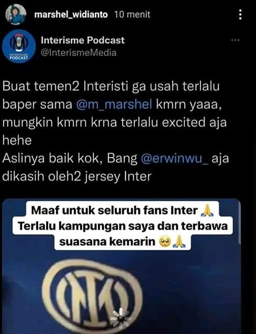 Marshel Widianto meminta maaf kepada fans Inter Milan. [Instagram]
