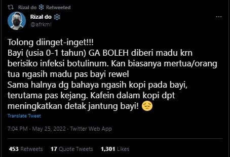 Bayi di bawah satu tahun tidak boleh diberi madu (Twitter)