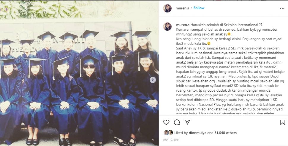 Unggahan Maren Jesmadi soal kisah anak-anaknya yang pindah ke sekolah internasional. (Instagram/muren.s)