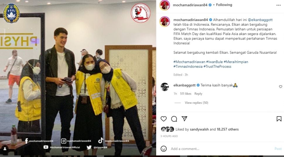 Elkan Baggott tiba di Indonesia. (Instagram/mochamadiriawan84)