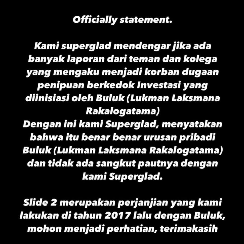 Pernyataan resmi Superglad tentang menghilangnya sang vokalik, Buluk Superglad. [Twitter]