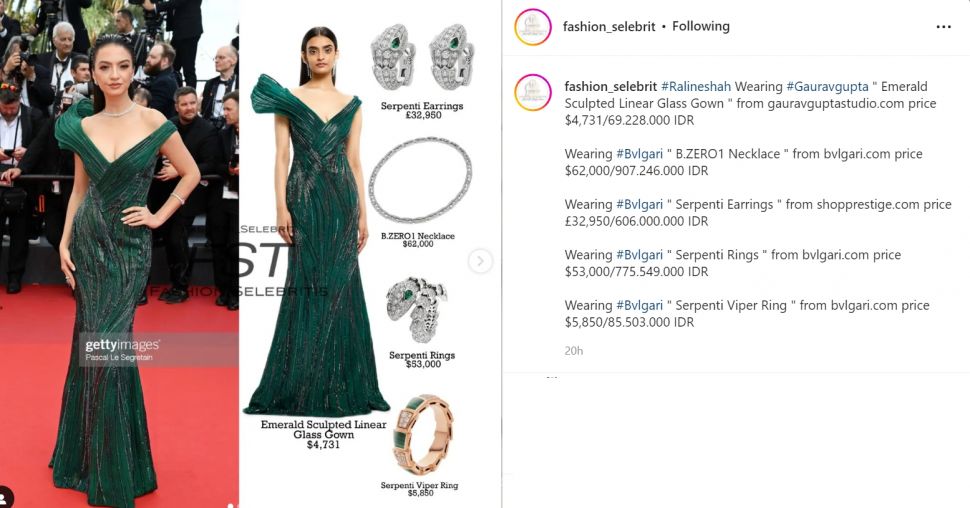 Raline Shah tampil di acara Cannes Film Festival 2022, dengan gaun dan aksesoris yang memiliki harga fantastis (Instagram/fashion_selebrit)