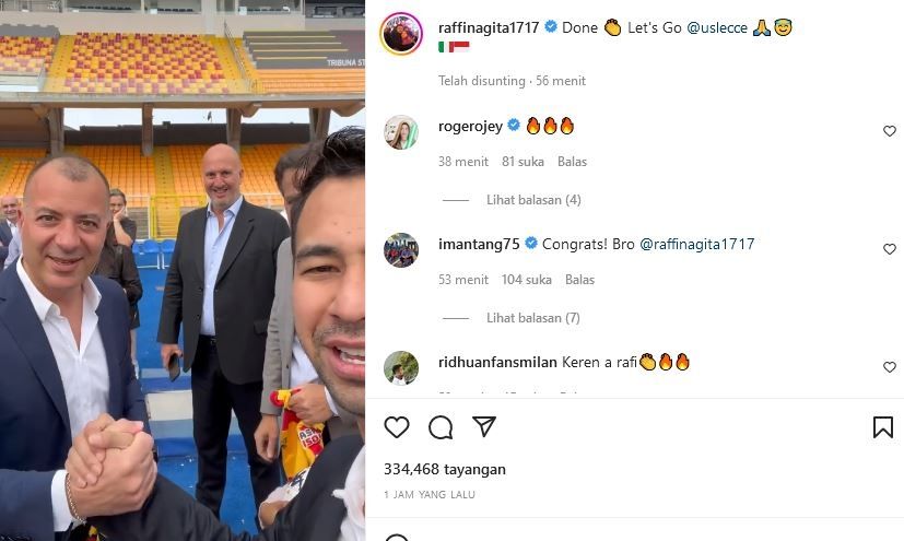 Raffi Ahmad diduga membeli klub sepakbola Liga Italia Serie A Lecce. [Instagram]