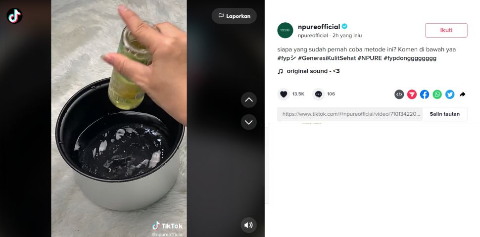 Viral sebuah video TikTok dari brand N'Pure yang menunjukkan tutorial cara menggunakan toner yang tepat (TikTok/npureofficial)