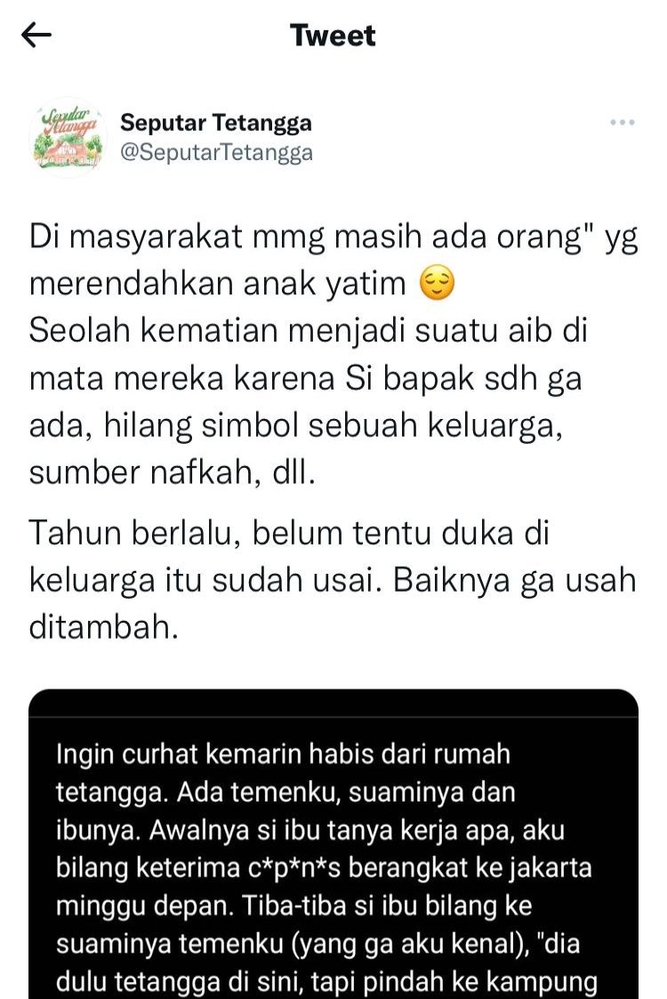 Curhatan netizen saat disinggung jadi anak yatim (Twitter/ @SeputarTetangga)