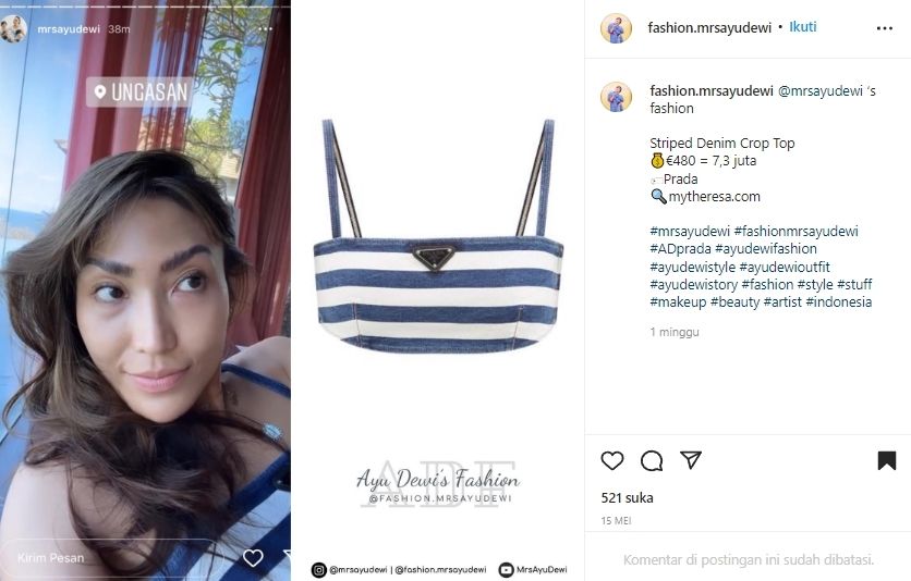 Harga Outfit Ayu Dewi saat Liburan di Bali (instagram/@fashion.mrsayudewi)