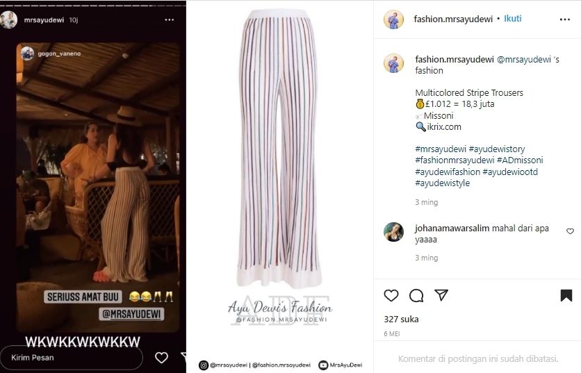 Harga Outfit Ayu Dewi saat Liburan di Bali (instagram/@fashion.mrsayudewi)