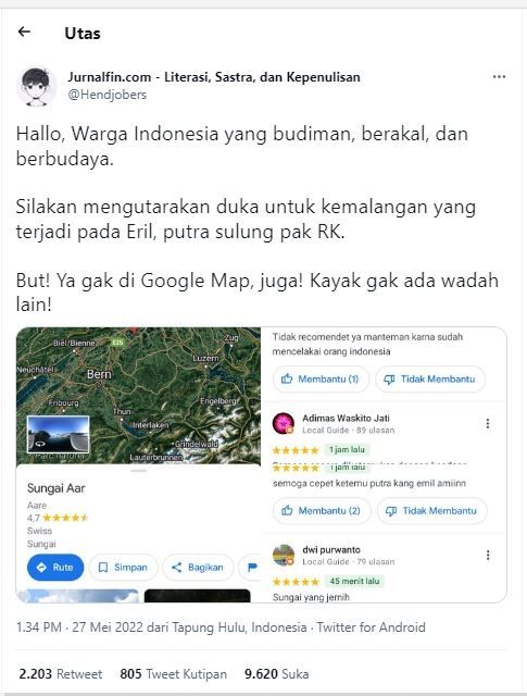 Penilaian Google Map tentang Sungai Aare (Twitter @Hendjobers)