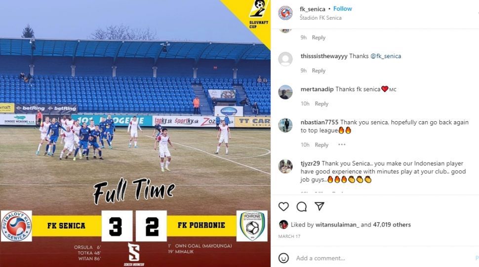 Postingan Instagram FK Senica dibanjiri ucapan terima kasih dari netizen Indonesia. (Instagram/fk_senica)