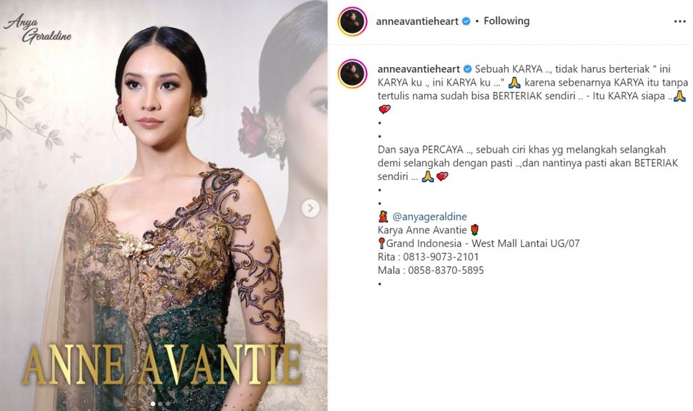 Anya Geraldine tampil sebagai juri Putri Indonesia 2022 dengan kebaya rancangan Anne Avantie dan make up dari Leo Afandi (Instagram/anneavantieheart)