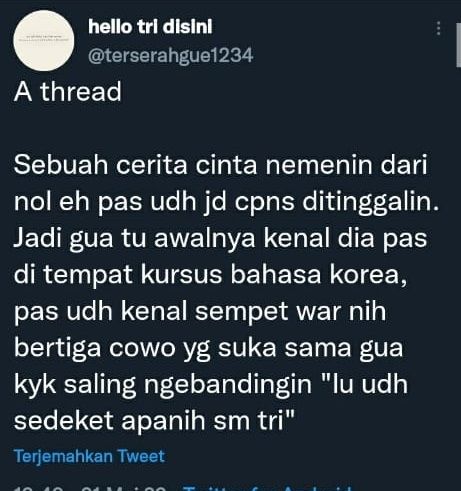 Kisah sedih perempuan diputus pacar setelah lulus CPNS (Twitter/ @hellotridisini). 