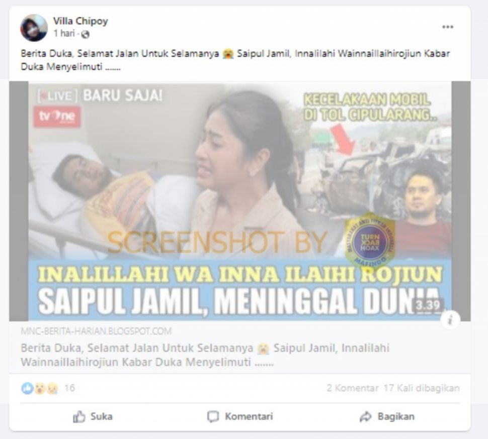 Unggahan akun di Facebook yang mengklaim Saipul Jamil meninggal dunia (Turnbackhoax.id)