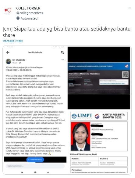 Didaftarkan Ortu Diam-diam, Gadis ini Lolos dan Bingung Bayar Kuliah Kedokteran karena Tak Mampu (Twitter/collegemenfess)