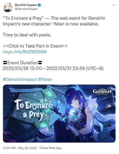 Cara Dapatkan 40 Primogems Gratis Event Yelan Genshin Impact. [Twitter]