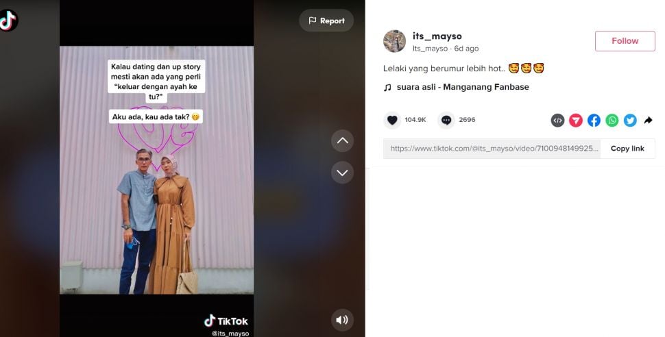 Viral pasangan asal Malaysia yang memiliki perbedaan usia 18 tahun dan dikira sebagai anak dan Bapak (TikTok/its_mayo)