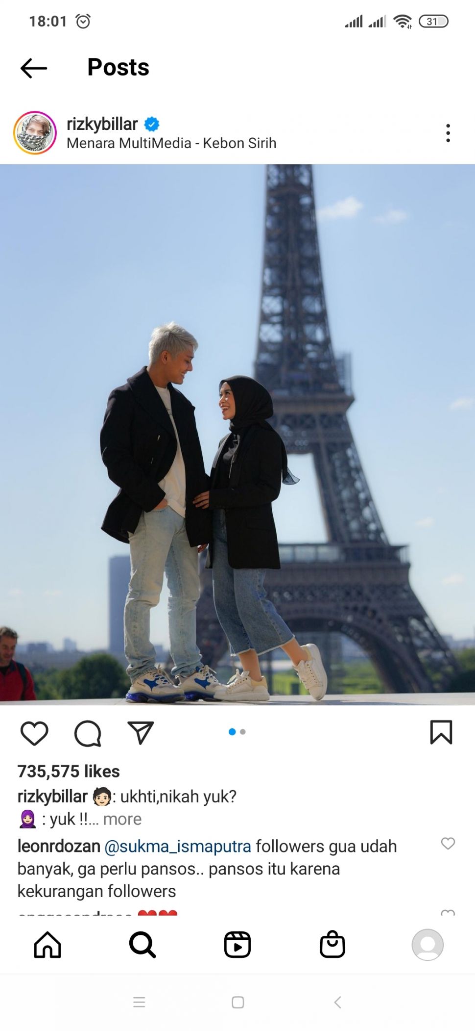 Lesti Kejora dan Rizky Billar berlibur ke Paris (Instagram/@rizkybillar)