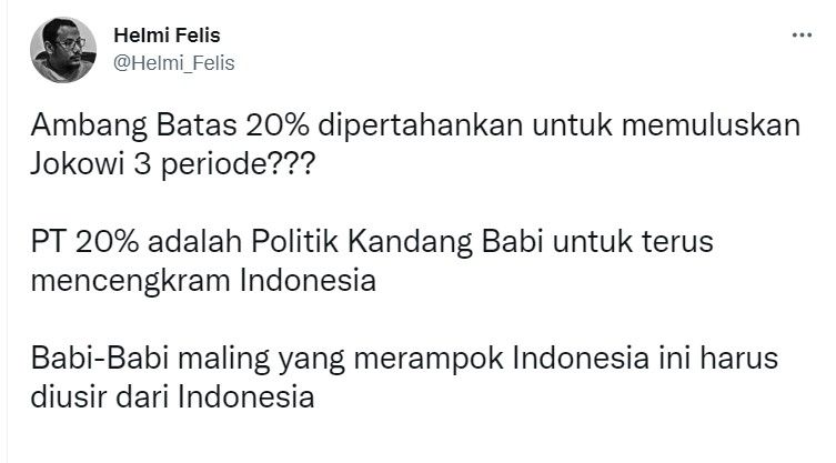 Cuitan Helmi Felis soal politik kandang babi