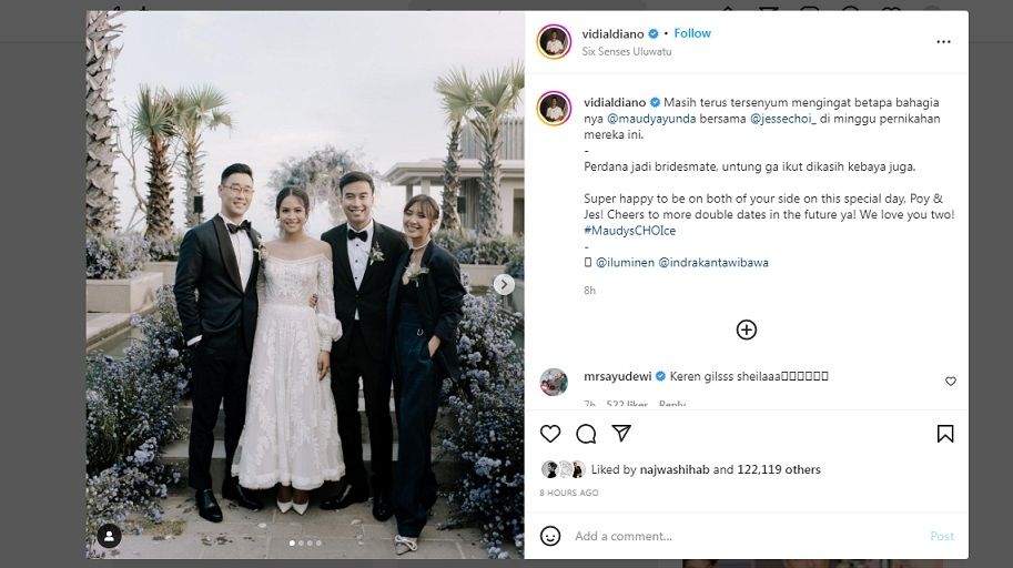 Vidi Aldiano dan Sheila Dara bersama pengantin baru, Maudy Ayunda - Jesse Choi [Instagram/vidialdiano]