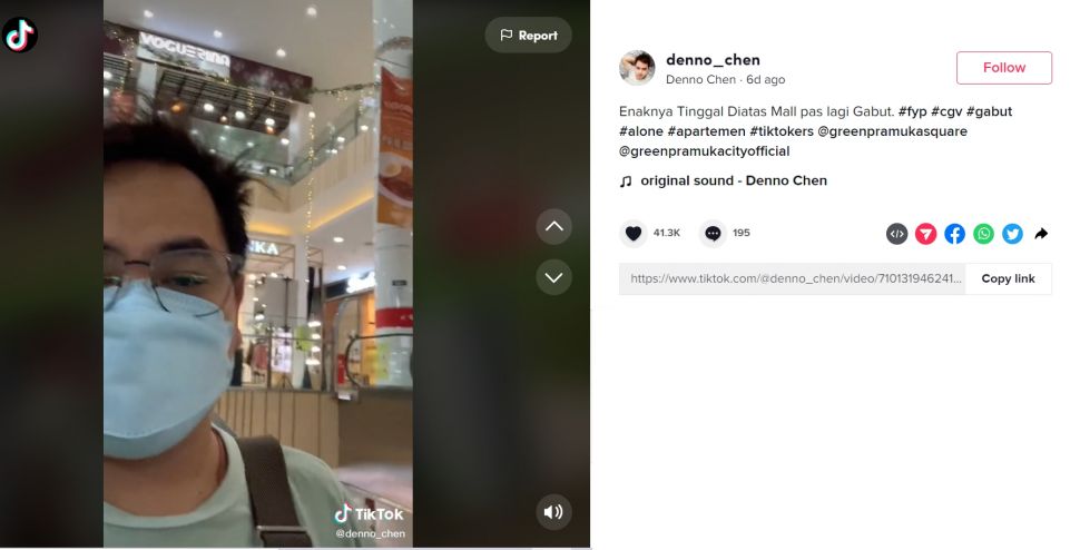 Viral seorang pria yang memilih tinggal di atas mall, yang bisa nonton bioskop dengan sesuka hati (TikTok/denno_chen)