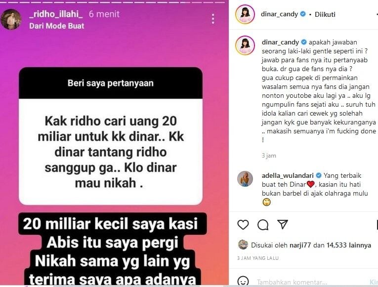 Dinar Candy mengunggah pernyataan Ridho Ilahi di Insatgram soal rela melepaskan sang kekasih demi duit Rp 20 miliar. [Instagram]