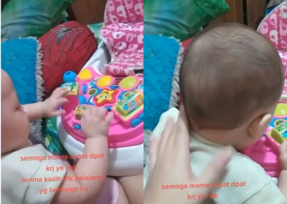 Perekam mencoba menenangkan sang anak karena baby walkernya rusak. (Intagram/memomedsos)