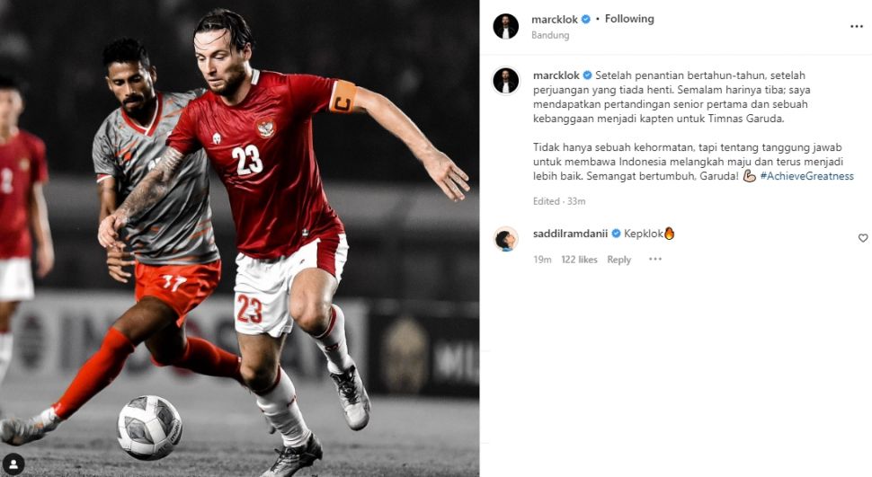 Marc Klok bagikan perasaannya usai debut di tim senior dan jadi kapten. (Instagram/marcklok)