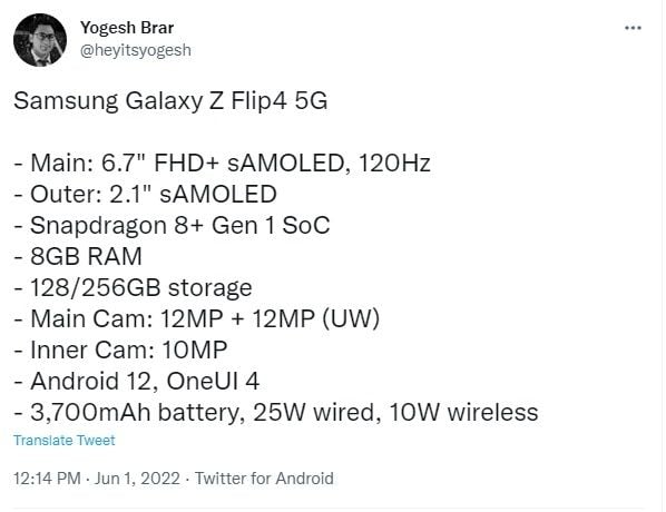 Bocoran Samsung Galaxy Z Flip 4. [Twitter]