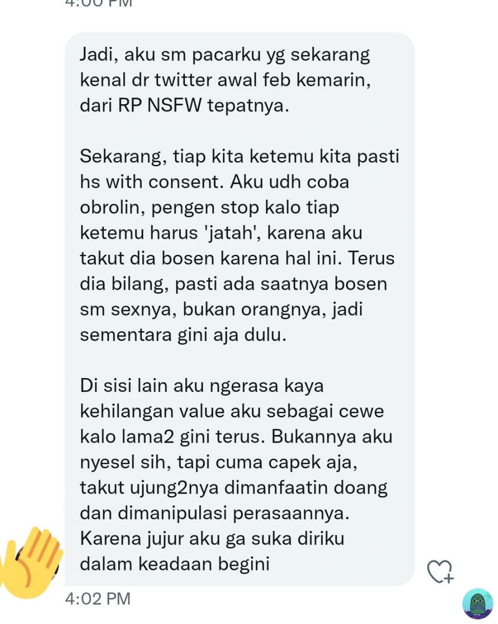 Wanita merasa kehilangan value-nya karena sering HS dengan pacar (Twitter/ @tanyakanrl)