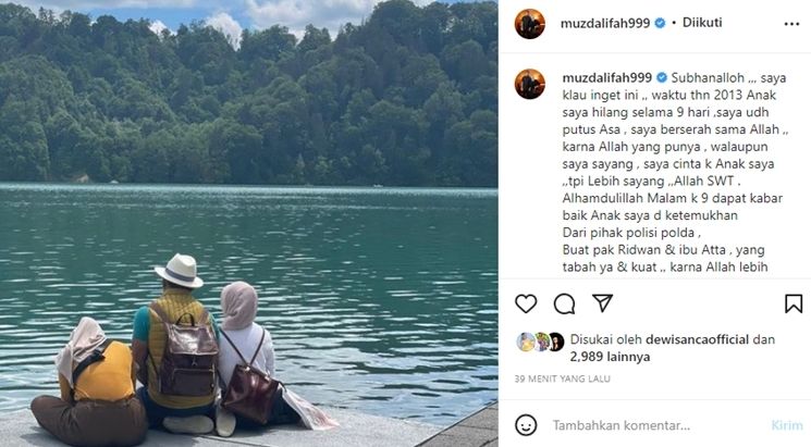 Unggahan Muzdalifah soal putra Ridwan Kamil, Emmeril Kahn Mumtadz yang hingga kini belum ditemukan di Sungai Aare, Swiss. [Instagram]