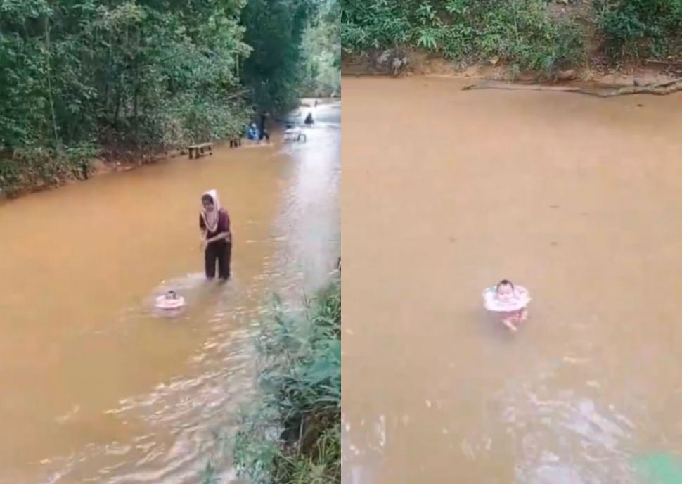 Low Budget, Ortu Renangkan Anak Bak Spa Bayi di Sungai Bertanah Coklat (Instagram/memomedsos)