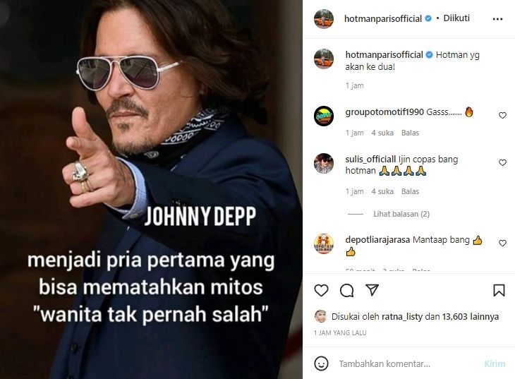 Unggahan Hotman Paris soal Johnny Depp. [Instagram]