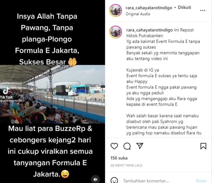 Penjelasan Rara Pawang Hujan soal dirinya tak dilibatkan di Formula E. [Instagram]