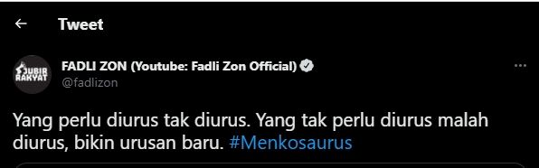 Cuitan Politisi Gerindra Fadil Zon. (Tangkapan layar/Twitter)