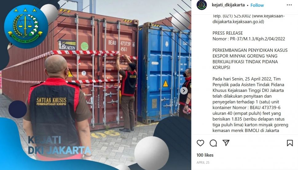 Postingan penyitaan dan penyegelan kontainer berisi minyak goreng kemasan di Pelabuhan Tanjung Priok oleh Kejati DKI Jakarta. [Akun IG kejati_dkijakarta/capture]